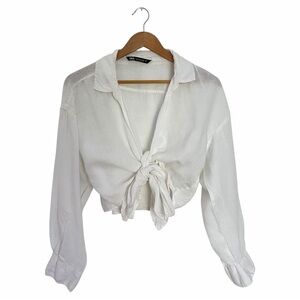Zara White Cropped Front Knot Blouse